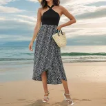 Summer Fashion Leopard Print Halter Dress Irregular Split Design Trendy Style Perfect for Partie