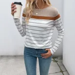 Vintage Striped Long Sleeve T Shirt for Women Simple Design Autumn Fashion Versatile Layering Wh