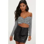 Off Shoulder Striped Crop Top Slim Fit Long Sleeve Casual Style Perfect for Spring and Summer Wh