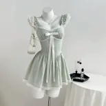 Lace Trim Bow Tie Mini Dress Womens Sleeveless Elegant Design Perfect for Parties Ready to Ship