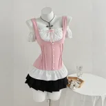 Color Block Bow Tie Slim Fit Short Sleeve T Shirt Casual Style Versatile Womens Apparel Ready to