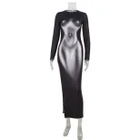 3D Body Print Long Sleeve Bodycon Dress Stylish Slim Fit Spring Fashion Perfect for Parties and