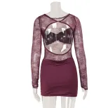 Lace Trimmed Bodycon Mini Dress Sheer Panels Long Sleeve Fashionable Design Nightclub Wear for W