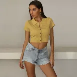 Short Sleeve Button Up T Shirt for Women Solid Color Casual Style Available in Gray Yellow Black Wholesale