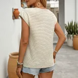 Womens Asymmetrical V Neck Top Simple Design Pleated Solid Color Casual Wear for Spring and Summ