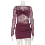 Lace Trimmed Bodycon Mini Dress Sheer Panels Long Sleeve Fashionable Design Nightclub Wear for W