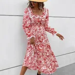 Red Floral Long Sleeve Dress Elegant Design Perfect for Valentines Day Spring and Autumn Wear Wh