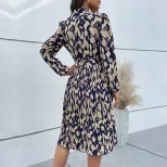 Navy Blue Long Sleeve Ruffled Floral Dress for Women Casual Autumn Wear Low MOQ factory direct
