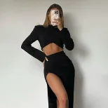 Two Piece Set Long Sleeve Crop Top High Waist Split Midi Skirt Fashionable Elegant Style for Par