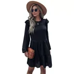 Loose Black Long Sleeve Dress Vintage Hepburn Style Fashionable Womens Apparel for Casual Occasi