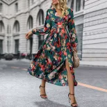 Floral Print Long Sleeve Dress Elegant Green Design Autumn Party Travel Wear Wholesale Available