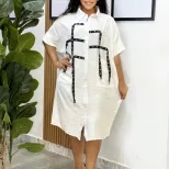 Womens Short Sleeve Fashionable Loose Fit Shirt Dress Mid Length Turn Down Collar Casual Style W