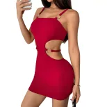 Summer Womens Dress Sexy Red Wine Color Hollow Waist Design Short Style Perfect for Parties and