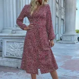 Fashionable Womens Long Sleeve Dress V Neck Single Breasted Elegant Design Autumn Wear Wholesale