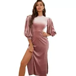 Velvet Bodycon Dress Three Quarter Puff Sleeves Sexy Side Slit Mid Length Party Wear Wholesale A
