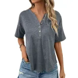 Casual V Neck Button Up T Shirt Summer Lightweight Fabric Solid Color for Everyday Wear Wholesal