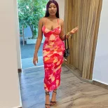 Fashionable Womens Floral Print Bodycon Dress Sexy Backless Design Elegant Long Silhouette Perfe