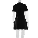 Lace Trim Short Sleeve A Line Dress Solid Color Hollow Out Bust Waist Cinching Casual Summer Wea