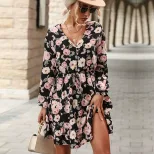 V Neck Long Sleeve Printed Dress Elegant Autumn Fashion Womens Casual Wear Wholesale Available