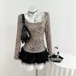 Leopard Print Long Sleeve T Shirt Slim Fit Square Neck Trendy Design Casual Wear for Women Ready