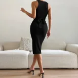 Knit Bodycon Dress Round Neck Waist Defining Side Slit Spring Summer Casual Wear Wholesale Avail