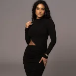 Elegant Bodycon Dress Long Sleeve Hollow Out Ruffled Design Solid Color Spring Fall Occasion Who