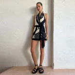 Nordic Style Floral Print Halter Neck Backless Dress Classic Design Waist Defined Short Length I