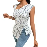 Floral Print Sleeveless Top Asymmetrical Design Waist Cinching Side Slit Casual Summer Wear Whol