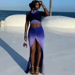 Fashion Floral Two Piece Set Sleeveless Backless High Slit Skirt Trendy for Summer Outings Whole