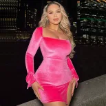 Velvet Bodycon Dress Square Neck Long Sleeve Side Slit Slim Fit Party Wear for Women Wholesale A