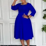 Plus Size Womens Dress Elegant Solid Color Ruffled Design Square Neck High Waist Fashion for Cas