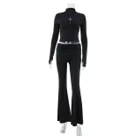 Fashionable Hollow Out Crop Top and Slim Fit Flare Pants Set Stylish Sexy Solid Color Spring and