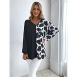Womens Color Block Leopard Print V Neck Boyfriend T Shirt Casual Style Trendy Design Ready to Sh