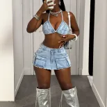 Vintage Denim Mini Skirt for Women Stretch Fabric Utility Pockets Retro Style Casual Wear Ready