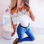 欧美跨境女装上衣时尚休闲纯色蕾丝花边拼接短袖女士T恤一字领