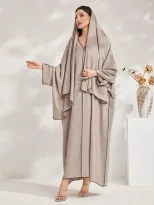 Al Najma Women s Solid Color V Neck Batwing Sleeve Loose Str