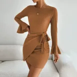 Womens A Line Dress Slim Fit Round Neck Long Sleeve Waffle Fabric Spring Summer Fashion Wholesal