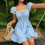 跨境外贸夏季法式方领泡泡袖连衣裙女收腰显瘦蕾丝花边 A 字短裙