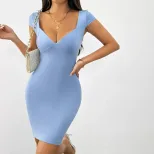 V Neck Short Sleeve Bodycon Dress High Waist Slim Fit Mid Length Summer Casual Wear Wholesale Av
