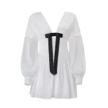 V Neck Lantern Sleeve Dress Sexy Low Cut Bow Detail Shiny Fabric Elegant Winter Fashion for Wome