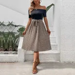 Color Block Off Shoulder Short Sleeve Dress Casual Sexy Vacation Style Available for Wholesale