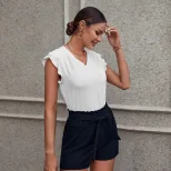 Casual V Neck Sleeveless T Shirt Ruffle Hem Loose Fit Solid Color Spring Fashion for Women Whole