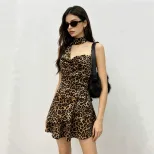 Leopard Print Halter Neck Dress Backless Ruffled Hem Slim Fit Sexy Style for Petite Women Wholes