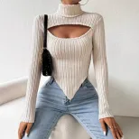 Womens Knit Crop Top Sexy Hollow Design Irregular Hem Long Sleeve Spring Summer Fashion Wholesal