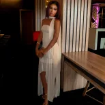 Womens Sheer Mesh Bodycon Dress Off Shoulder Irregular Hem Solid Color Backless Evening Party We