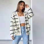 Womens Loose Fit Striped Knit Cardigan V Neck Long Sleeve Soft Fabric Spring Summer Fashion Whol