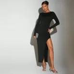 Elegant Midi Dress Sexy Backless Design Round Neck Long Sleeve Autumn Winter Fashion Wholesale A