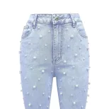 Womens Stretchy Flared Pearl Studded Denim Jeans Versatile Casual Style Perfect for Everyday Wea