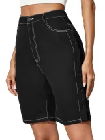 High Waisted Denim Shorts Button Detail Straight Cut Fashionable Spring Summer Casual Wear Whole