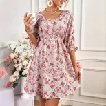 Floral Print Womens Dress Spring Ruffled Trim Tie Waist Color Block Design Casual Wear Wholesale